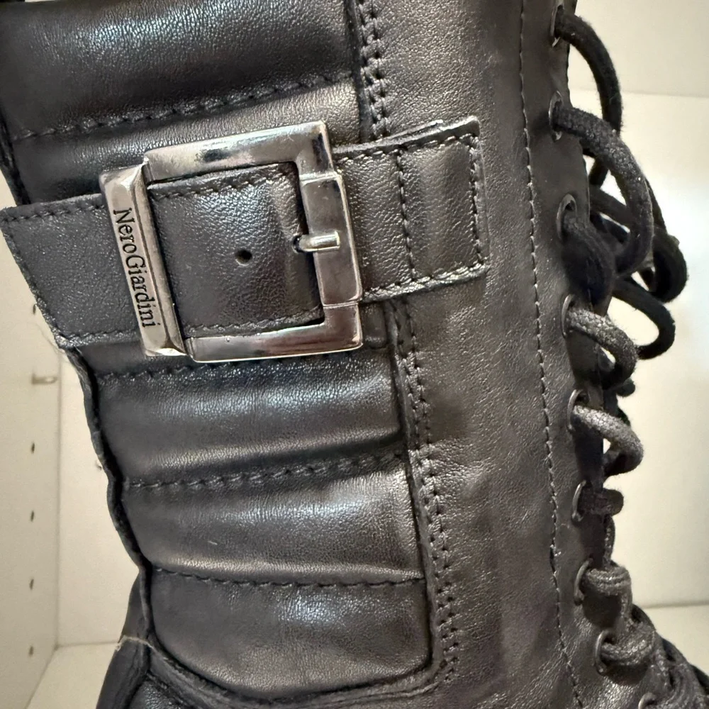 NeroGiardini Black Leather Mid-Calf Combat Boots  Made in Italy Size 38 - Picture 8 of 9